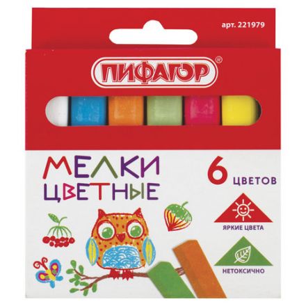 Мел цветной квадратный 6 штук, ПИФАГОР, картонная упаковка, европодвес, 221979 Мел цветной квадратный 6 штук, ПИФАГОР, картонная упаковка, европодвес, 221979