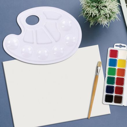 Палитра для рисования ПИФАГОР белая, овальная, 6 ячеек для красок и 4 ячейки для смешивания, 227805 Палитра для рисования ПИФАГОР белая, овальная, 6 ячеек для красок и 4 ячейки для смешивания, 227805