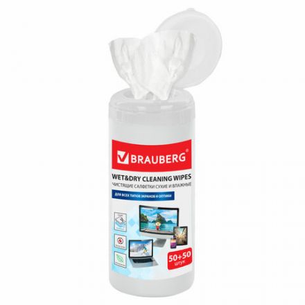Салфетки для оптических поверхностей и мониторов BRAUBERG, в тубе, сухие 50 шт. и влажные 50 шт., 510121 Салфетки для оптических поверхностей и мониторов BRAUBERG, в тубе, сухие 50 шт. и влажные 50 шт., 510121