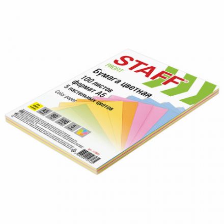 Бумага цветная STAFF МАЛОГО ФОРМАТА, А5, 80 г/м2, 100 л. (5 цветов х 20 л.), цветная пастель, 110891