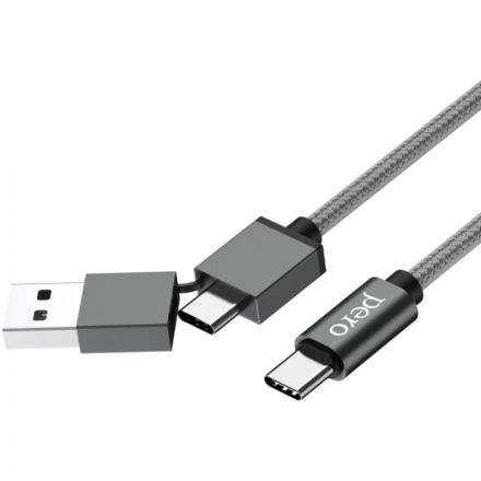 Кабель PERO, DC-07, 1м, Type-C/USB-A to Type-C, 60W, серый