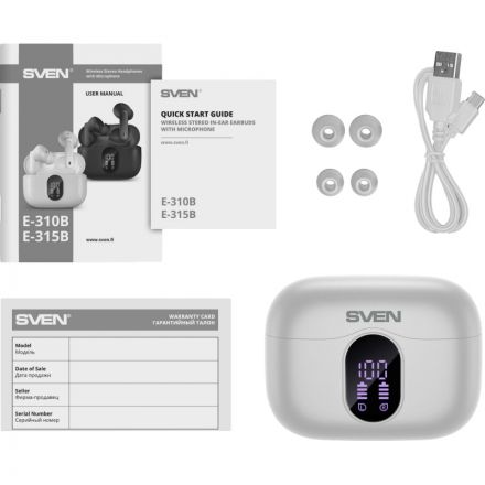 Наушники Sven E-310B, белый, Bluetooth, TWS, ANC, ENC