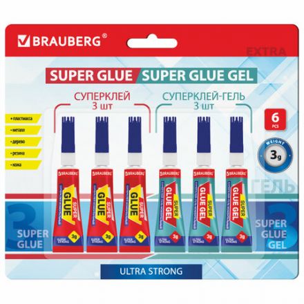 Клей-Гель моментальный 3 шт. по 3 г + Суперклей 3 шт. по 3 г, НАБОР 6 тюбиков, BRAUBERG EXTRA, 608108 Клей-Гель моментальный 3 шт. по 3 г + Суперклей 3 шт. по 3 г, НАБОР 6 тюбиков, BRAUBERG EXTRA, 608108