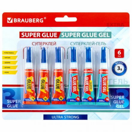 Клей-Гель моментальный 3 шт. по 3 г + Суперклей 3 шт. по 3 г, НАБОР 6 тюбиков, BRAUBERG EXTRA, 608108 Клей-Гель моментальный 3 шт. по 3 г + Суперклей 3 шт. по 3 г, НАБОР 6 тюбиков, BRAUBERG EXTRA, 608108