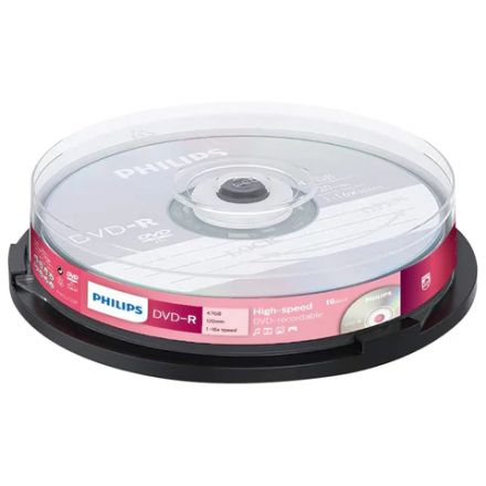 Диск DVD-R PHILIPS, 4,7 Гб, 16x, Cake Box (упаковка на шпиле), КОМПЛЕКТ 10 шт., DM4S6B10F/97 Диск DVD-R PHILIPS, 4,7 Гб, 16x, Cake Box (упаковка на шпиле), КОМПЛЕКТ 10 шт., DM4S6B10F/97