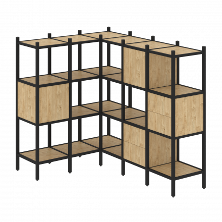 Loft Угловой внутренний стеллаж наборный VR.L-30 Тиквуд светлый/Чёрный металл 1278*1278*1458