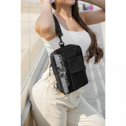 Сумка на плечо HEIKKI TORRENT (ХЕЙКИ) с карманом, "Anime face", черная, 25х18х3 см, 272637