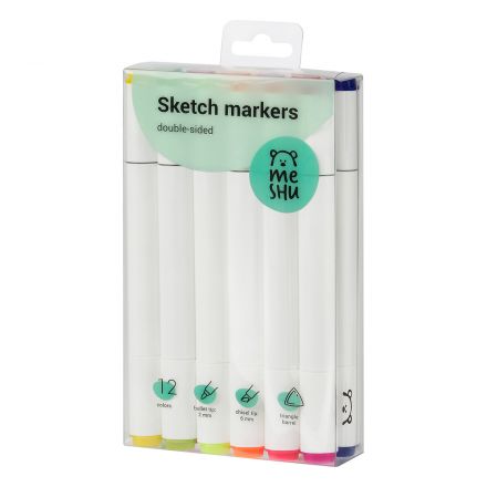 Набор двусторонних маркеров для скетчинга MESHU 12цв., основные и флуоресцентные цвета, корпус трехгранный, пулевид./клиновид.наконечники, ПВХ-бокс Набор двусторонних маркеров для скетчинга MESHU 12цв., основные и флуоресцентные цвета, корпус трехгранный, пулевид./клиновид.наконечники, ПВХ-бокс