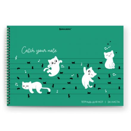Тетрадь для нот А4, 24 л, обложка мелованный картон, горизонтальная, на гребне, BRAUBERG, "Котики", 404641 Тетрадь для нот А4, 24 л, обложка мелованный картон, горизонтальная, на гребне, BRAUBERG, "Котики", 404641