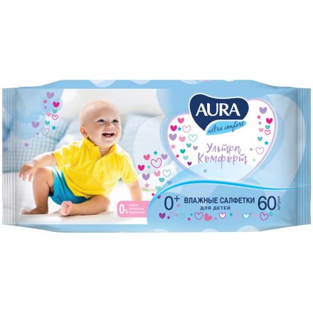 Салфетки влажные Aura "Ultra comfort", 60шт., детские, с алоэ Салфетки влажные Aura "Ultra comfort", 60шт., детские, с алоэ