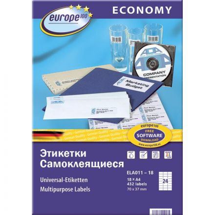 Этикетки самоклеящиеся Europe 100 белые 70x37.1 мм (24 штуки на листе А4, 18 листов, артикул производителя ELA011-18) Этикетки самоклеящиеся Europe 100 белые 70x37.1 мм (24 штуки на листе А4, 18 листов, артикул производителя ELA011-18)