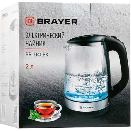 Чайник электрический BRAYER BR1040BK, 2220Вт, 2 л, стекл., черный Чайник электрический BRAYER BR1040BK, 2220Вт, 2 л, стекл., черный