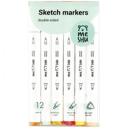 Набор двусторонних маркеров для скетчинга MESHU 12цв., цвета леса, корпус трехгранный, пулевид./клиновид.наконечники, ПВХ-бокс Набор двусторонних маркеров для скетчинга MESHU 12цв., цвета леса, корпус трехгранный, пулевид./клиновид.наконечники, ПВХ-бокс