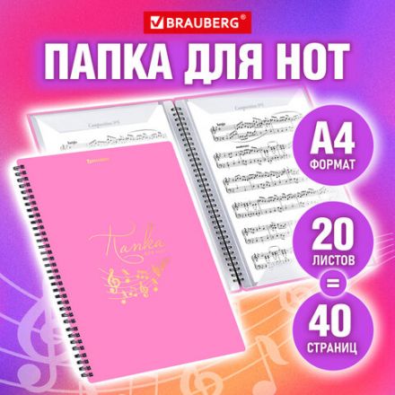 Папка-тетрадь для нот А4, 20 вкладышей на 40 страниц, на гребне, пластик, РОЗОВАЯ, BRAUBERG, 404642 Папка-тетрадь для нот А4, 20 вкладышей на 40 страниц, на гребне, пластик, РОЗОВАЯ, BRAUBERG, 404642