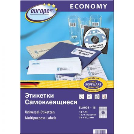 Этикетки самоклеящиеся Europe 100 белые 38x21.2 мм (65 штук на листе А4, 18 листов, артикул производителя ELA001-18)