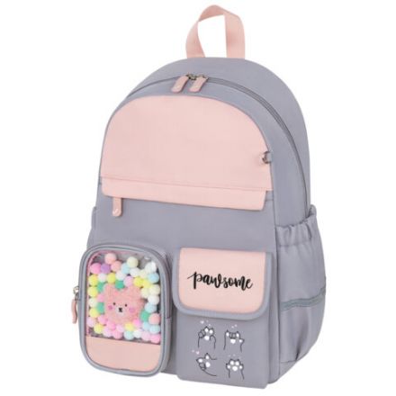 Рюкзак BRAUBERG PASTEL с термонашивками в комплекте, "Sweet paws", серый, 40х29х14 см, 272064