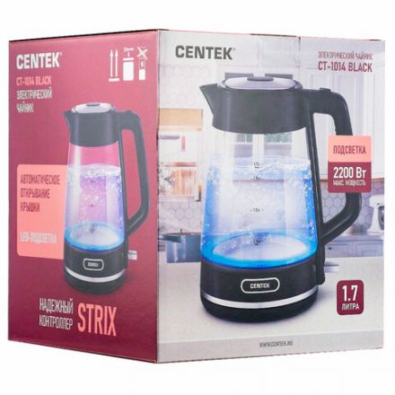 Чайник CENTEK CT-1014, 1,7 л, 2200 Вт, закрытый нагревательный элемент, стекло, черный, CT-1014 Black Чайник CENTEK CT-1014, 1,7 л, 2200 Вт, закрытый нагревательный элемент, стекло, черный, CT-1014 Black