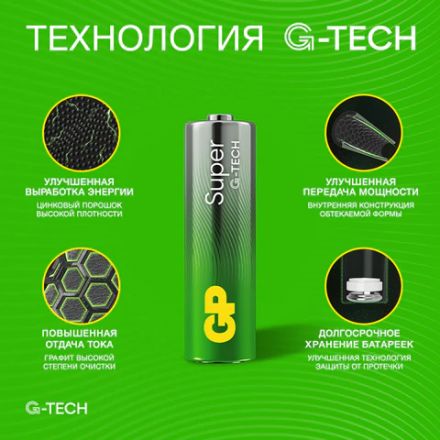 Батарейки КОМПЛЕКТ 4 шт., GP Super G-Tech, AA (LR6,15А), алкалиновые, пальчиковые, ПРОМО 3+1, 15A3/1-2CR4