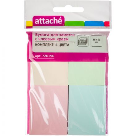 Стикеры Attache 38х51 мм пастельные 4 цвета (4 блока по 100 листов)