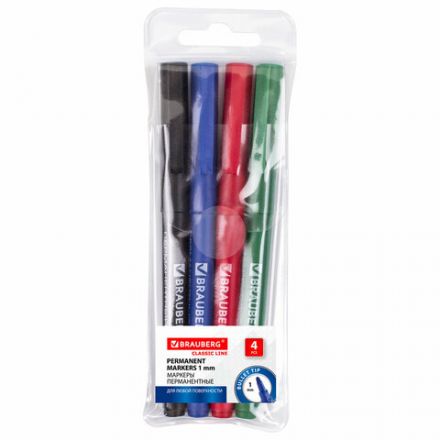 Маркеры перманентные BRAUBERG "CLASSICLine", НАБОР 4 ЦВЕТА, тонкий наконечник 1 мм, 150295 Маркеры перманентные BRAUBERG "CLASSICLine", НАБОР 4 ЦВЕТА, тонкий наконечник 1 мм, 150295