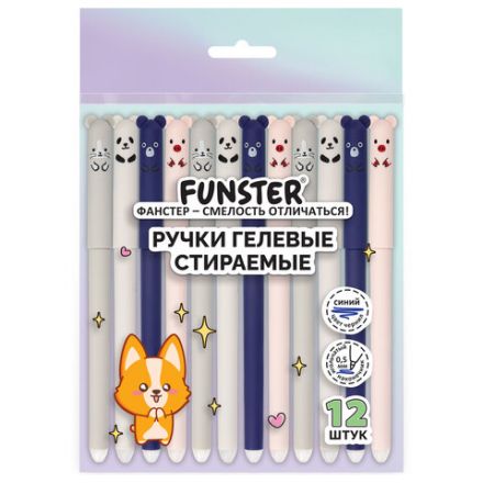 Ручки гелевые стираемые FUNSTER (ФАНСТЕР) "CUTE ANIMALS", СИНИЕ, НАБОР 12 ШТ., корпус soft-touch, узел 0,5 мм, линия письма 0,35 мм, 144435