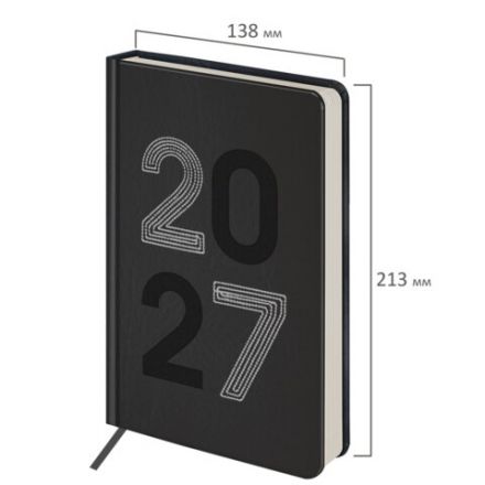 Ежедневник датированный 2027, А5, 138х213 мм, BRAUBERG "Scripted", под кожу, вышивка, черный, 118025