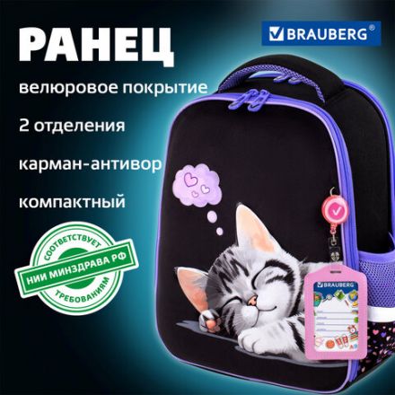 Ранец BRAUBERG FIT, 2 отделения, Sleeping kitten, велюровая панель, 38х27х14 см, 273107
