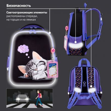 Ранец BRAUBERG FIT, 2 отделения, Sleeping kitten, велюровая панель, 38х27х14 см, 273107