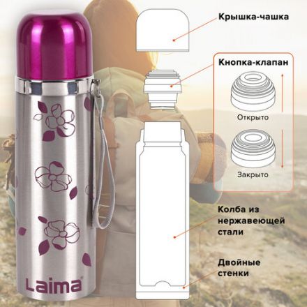 Термос LAIMA с узким горлом, 0,5 л, нержавеющая сталь, с рисунком, 601410 Термос LAIMA с узким горлом, 0,5 л, нержавеющая сталь, с рисунком, 601410