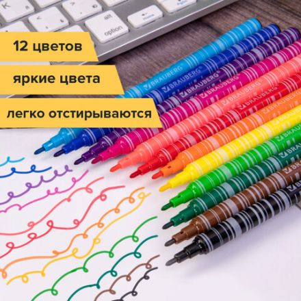 Фломастеры BRAUBERG "PREMIUM", 12 цветов, КОРПУС С ПЕЧАТЬЮ, вентилируемый колпачок, ПВХ-упаковка с европодвесом, 151942