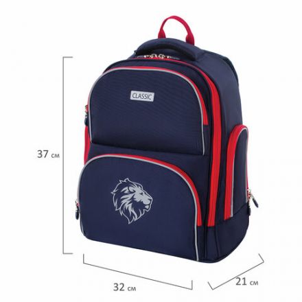 Рюкзак BRAUBERG CLASSIC, легкий каркас, премиум материал, "Lion", синий, 37х32х21 см, 228829
