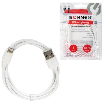 Кабель USB2.0 – Lightning, 1 м, SONNEN, медь, для передачи данных и зарядки, белый, 513559 Кабель USB2.0 – Lightning, 1 м, SONNEN, медь, для передачи данных и зарядки, белый, 513559