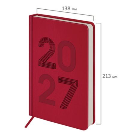 Ежедневник датированный 2027, А5, 138х213 мм, BRAUBERG "Scripted", под кожу, вышивка, красный, 118059