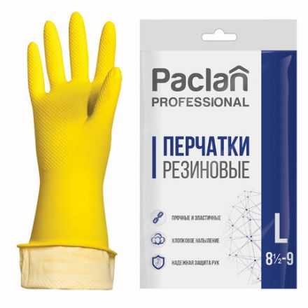 Перчатки МНОГОРАЗОВЫЕ латексные PACLAN "Professional", хлопчатобумажное напыление, размер 8,5-9, L (большой), желтые Перчатки МНОГОРАЗОВЫЕ латексные PACLAN "Professional", хлопчатобумажное напыление, размер 8,5-9, L (большой), желтые