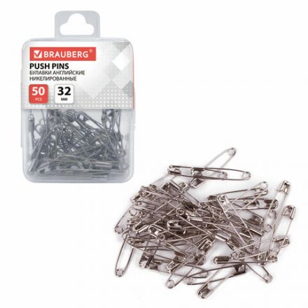 Булавки английские BRAUBERG, 32 мм, никелированные, 50 шт., в пластиковой коробке с европодвесом, 223970 Булавки английские BRAUBERG, 32 мм, никелированные, 50 шт., в пластиковой коробке с европодвесом, 223970