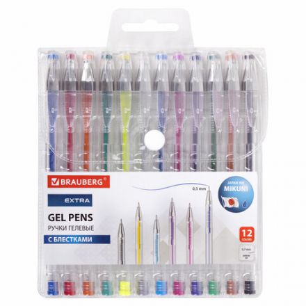 Ручки гелевые БЛЕСТКИ BRAUBERG "EXTRA", НАБОР 12 ЦВЕТОВ, узел 0,7 мм, линия 0,5 мм, 143909 Ручки гелевые БЛЕСТКИ BRAUBERG "EXTRA", НАБОР 12 ЦВЕТОВ, узел 0,7 мм, линия 0,5 мм, 143909
