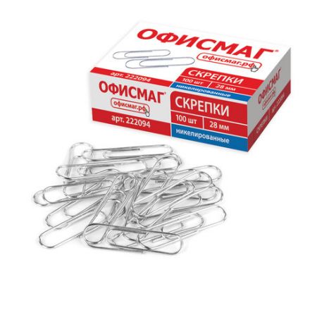Скрепки ОФИСМАГ, 28 мм, никелированные, 100 шт., в картонной коробке, Россия, 222094 Скрепки ОФИСМАГ, 28 мм, никелированные, 100 шт., в картонной коробке, Россия, 222094