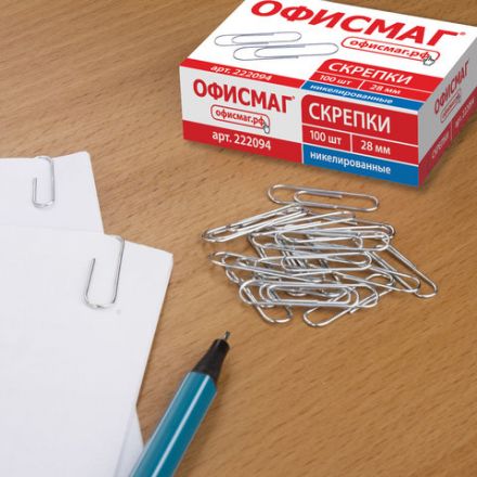 Скрепки ОФИСМАГ, 28 мм, никелированные, 100 шт., в картонной коробке, Россия, 222094 Скрепки ОФИСМАГ, 28 мм, никелированные, 100 шт., в картонной коробке, Россия, 222094