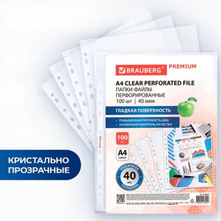 Папки-файлы перфорированные А4 BRAUBERG "PREMIUM", КОМПЛЕКТ 100 шт., гладкие, 40 мкм, 273007 Папки-файлы перфорированные А4 BRAUBERG "PREMIUM", КОМПЛЕКТ 100 шт., гладкие, 40 мкм, 273007