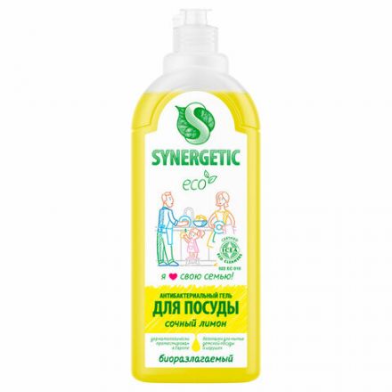 Гель для мытья посуды антибактериальный 1 л, SYNERGETIC "Лимон", флип-топ, 103101