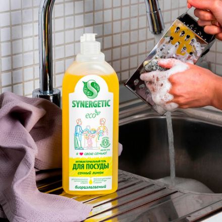 Гель для мытья посуды антибактериальный 1 л, SYNERGETIC "Лимон", флип-топ, 103101