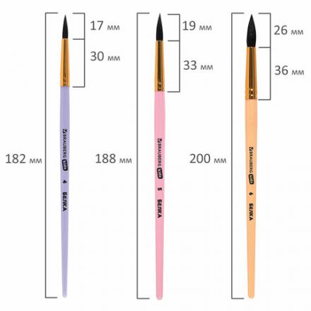 Кисти БЕЛКА набор 6 шт. (круглые № 1, 2, 3, 4, 5, 6), блистер, BRAUBERG KIDS, 201083