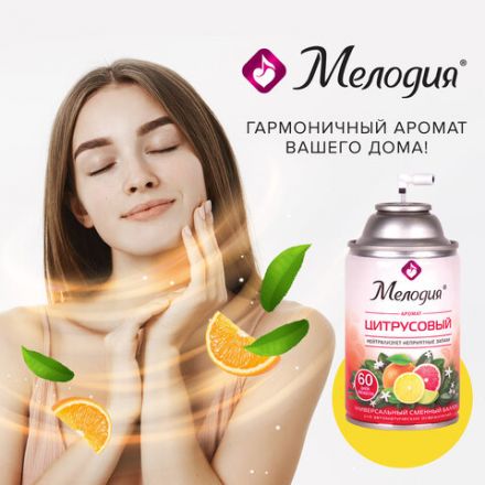 Сменный баллон 250 мл МЕЛОДИЯ "Цитрусовый", для автоматических освежителей, универсальный, 605229 Сменный баллон 250 мл МЕЛОДИЯ "Цитрусовый", для автоматических освежителей, универсальный, 605229