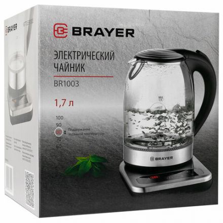 Чайник с терморегулятором BRAYER BR1003, 1,7 л, 2200 Вт, закрытый нагревательный элемент, стекло Чайник с терморегулятором BRAYER BR1003, 1,7 л, 2200 Вт, закрытый нагревательный элемент, стекло