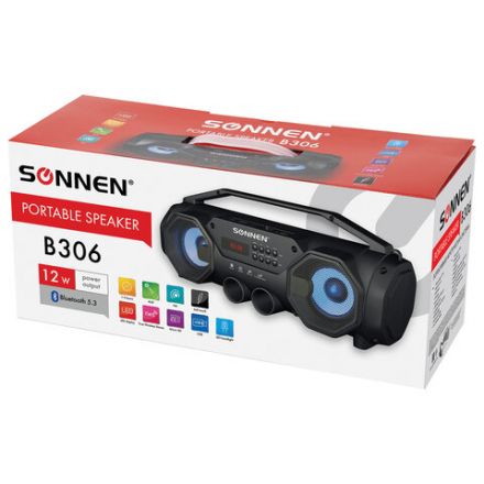 Колонка портативная с подсветкой SONNEN B306, 12 Вт, Bluetooth, FM-тюнер, microSD, MP3-плеер, черная, 513479 Колонка портативная с подсветкой SONNEN B306, 12 Вт, Bluetooth, FM-тюнер, microSD, MP3-плеер, черная, 513479
