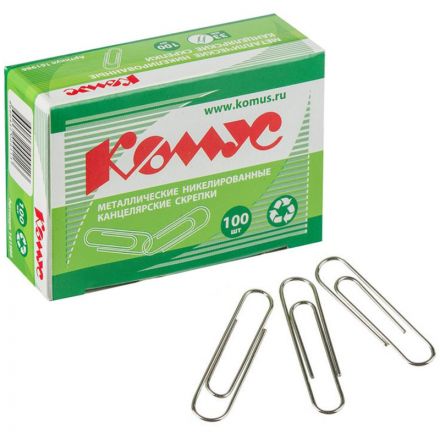 Скрепки КОМУС никелированные, 33 мм, негофрированные, 100 шт/уп Скрепки КОМУС никелированные, 33 мм, негофрированные, 100 шт/уп