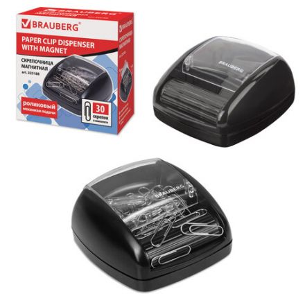 Скрепочница магнитная BRAUBERG с 30 скрепками, роликовый механизм подачи, черная, 225188 Скрепочница магнитная BRAUBERG с 30 скрепками, роликовый механизм подачи, черная, 225188