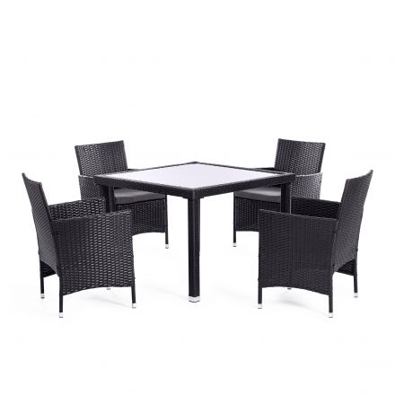 Обеденный сет (стол+4стула) (mod. 210036), пластиковый ротанг, стекло, 100х100х74см/60х60х75см, черный, ткань: DB-16, серый