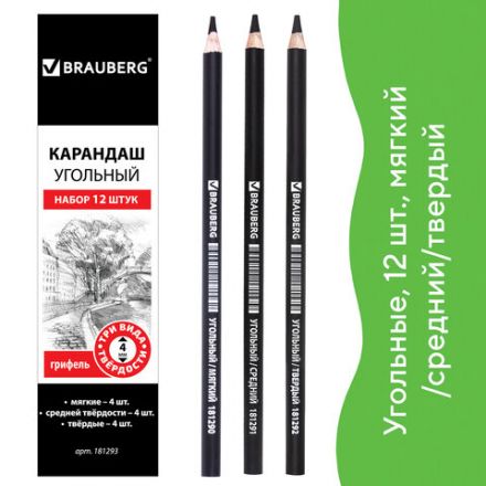 Карандаши (НАБОР 12 штук) угольные BRAUBERG ART CLASSIC, (МЯГКИЙ, СРЕДНИЙ, ТВЕРДЫЙ), 181293 Карандаши (НАБОР 12 штук) угольные BRAUBERG ART CLASSIC, (МЯГКИЙ, СРЕДНИЙ, ТВЕРДЫЙ), 181293