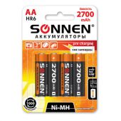 Батарейки аккумуляторные Ni-Mh пальчиковые КОМПЛЕКТ 4 шт., АА (HR6) 2700 mAh, SONNEN, 455607 Батарейки аккумуляторные Ni-Mh пальчиковые КОМПЛЕКТ 4 шт., АА (HR6) 2700 mAh, SONNEN, 455607